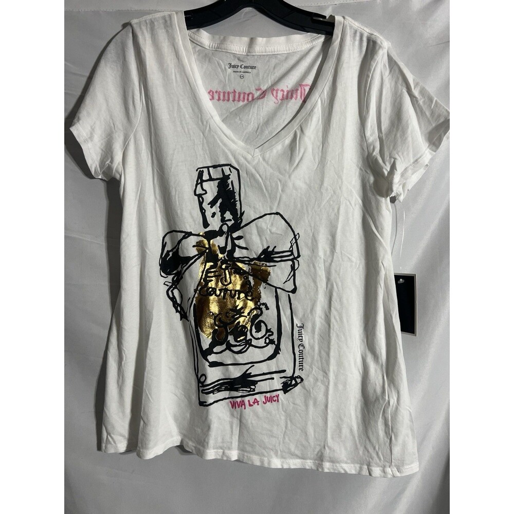 Juicy Couture Top Woman's L/XL “Viva La Juicy” Perfume Bow Bottle Print Tee NWT